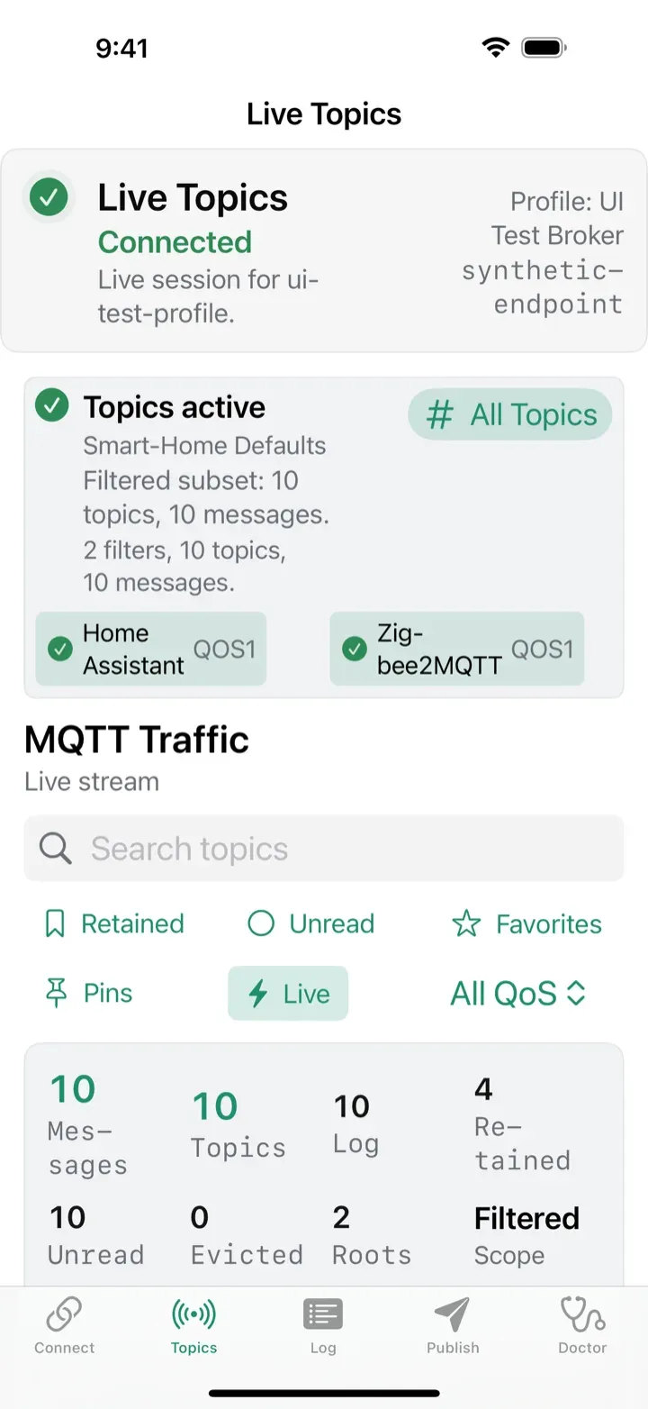 MQTT Commander showing a live smart-home topic tree on iPhone