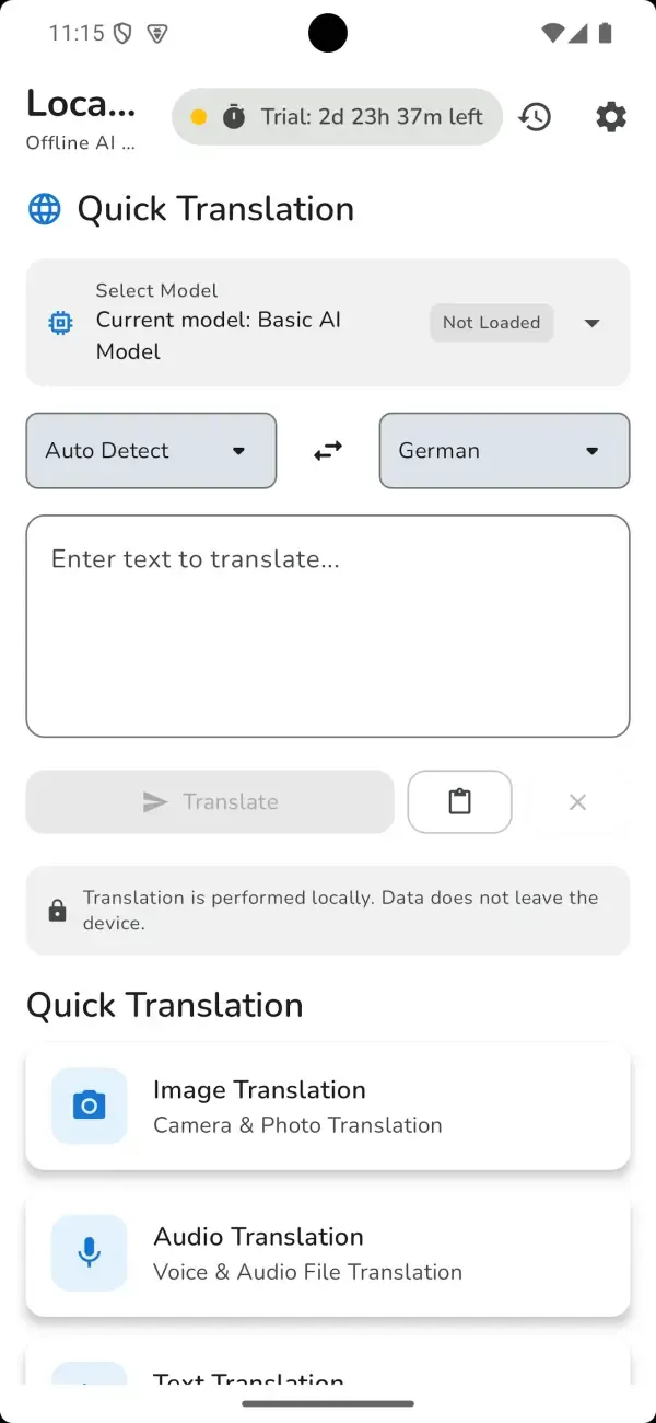 Android phone showing LocalAI Translator running fully on-device translation
