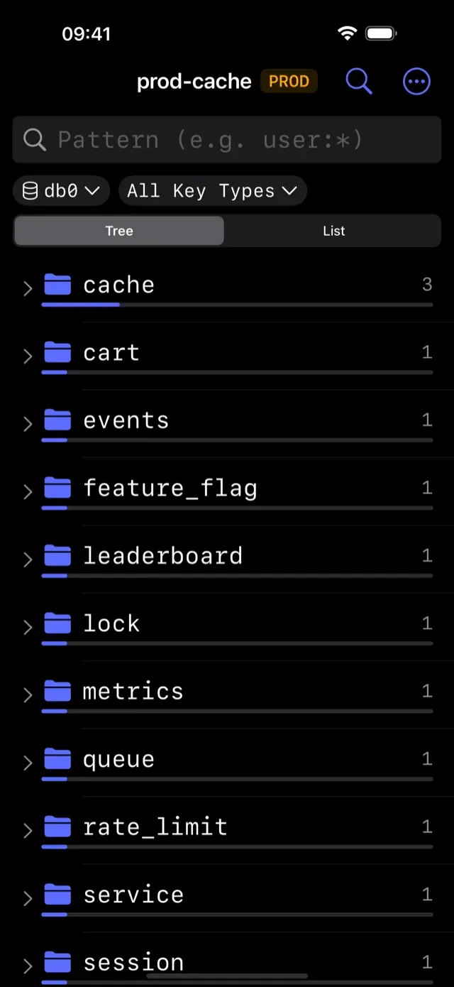 CacheDeck browsing a Redis-compatible server keyspace on iPhone