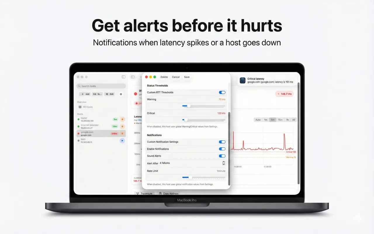 NetPing Monitor chart view for latency tracking on macOS