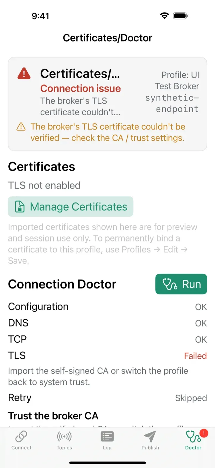 Connection Doctor pinpointing a TLS failure stage in MQTT Commander