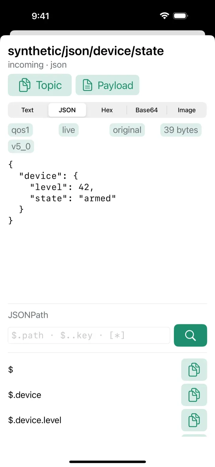 Message Log with the JSON payload inspector open in MQTT Commander