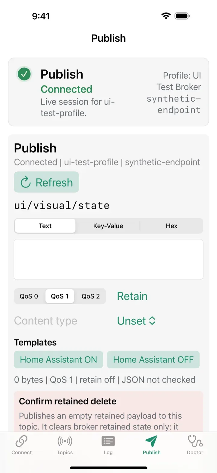 Retained-message delete confirmation in the MQTT Commander publish composer