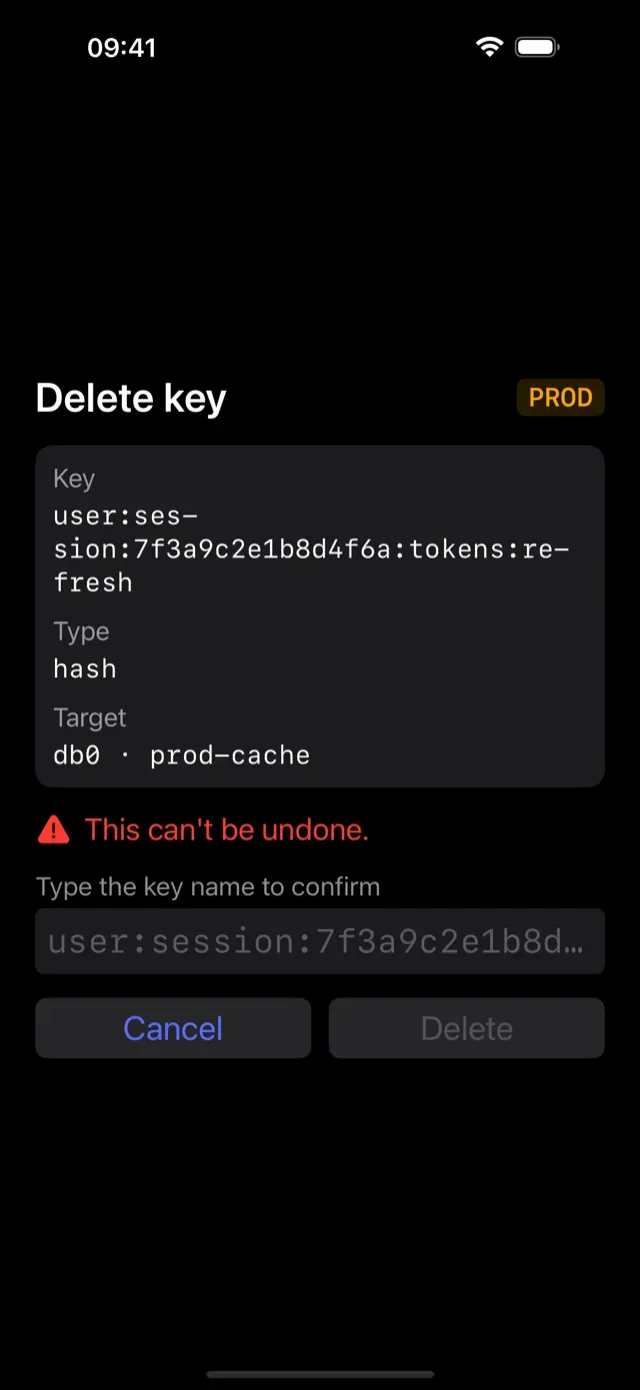 Type-to-confirm safety prompt before a destructive command in CacheDeck